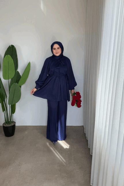 Floş Yakası Bağlamalı Takım- Lacivert