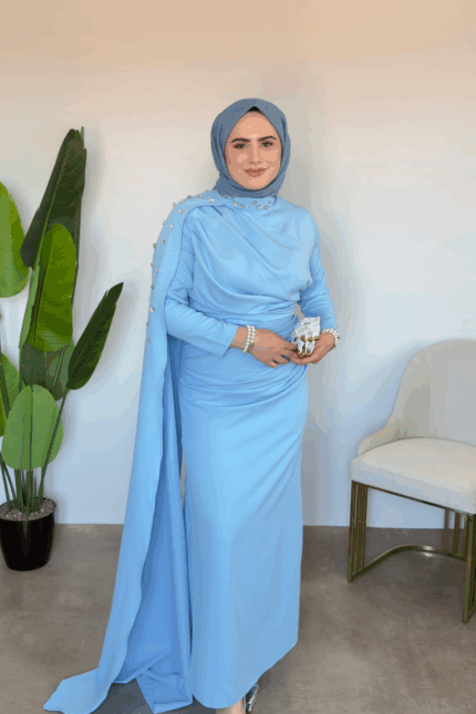 Sedef Premium Taşlı Elbise - Mavi