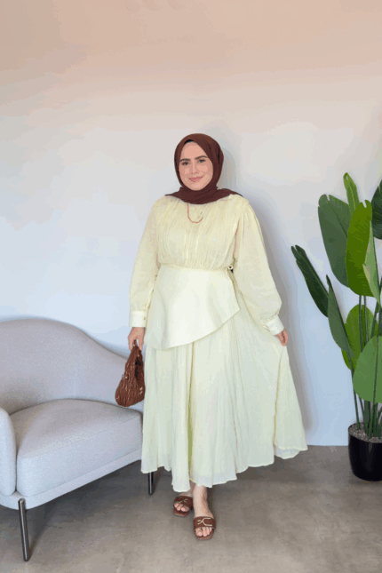 Bel Detaylı Vual Elbise - Sarı
