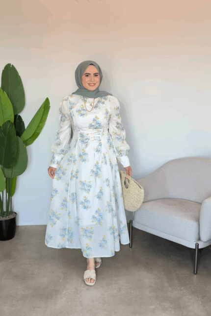 Korse Detaylı Çiçekli Elbise - Mavi
