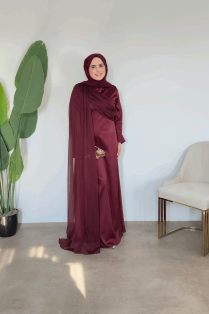 Pelerinli Saten Elbise - Bordo